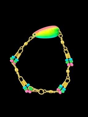 NEW Handcrafted Fishing Lure Swivel & Bait Neon Beaded Bracelet. Measures 7in